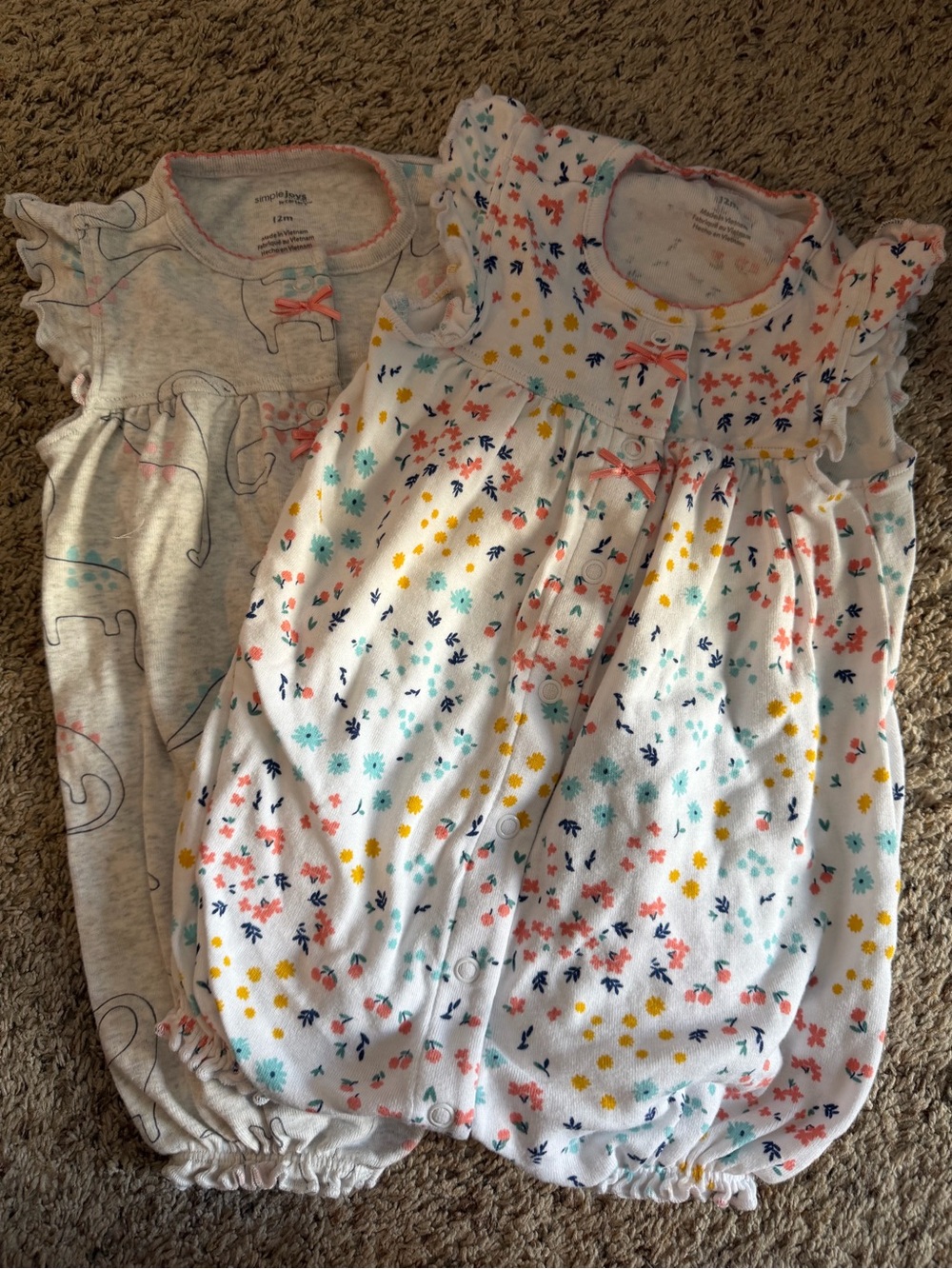 2 pack 12m baby girl  White Floral & Heather Gray dinosaur Baby rompers